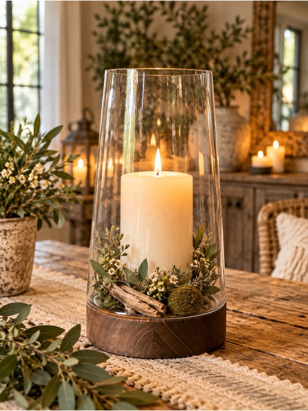 TAPERED GLASS HURRICANE CANDLE HOLDER IN A WARM WOODEN BASE